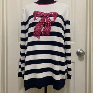 Kim Rogers Lightweight Sweater Navy‎ Blue & White Stripe Pink Sequin Bow Medium